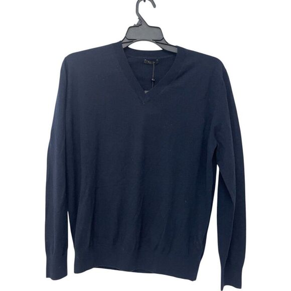 Massimo Dutti Mens Sweater L Navy blue V-Neck Cotton Cashmere Wool 0960/315 NWT - Picture 1 of 8